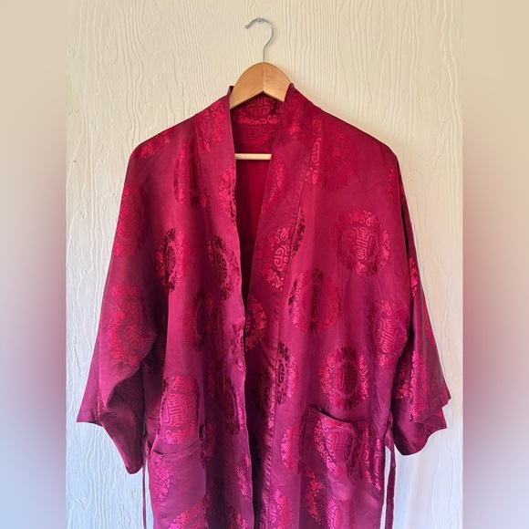 Vintage Authentic Silk Burgundy Maroon Wine Red Kimono Robe Duster Jacket - Picture 4 of 13